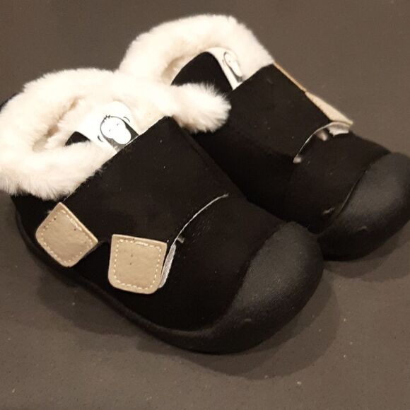 Black Suede Booties with Fleece Lining and Velcroe Closure - Picture 1 of 8